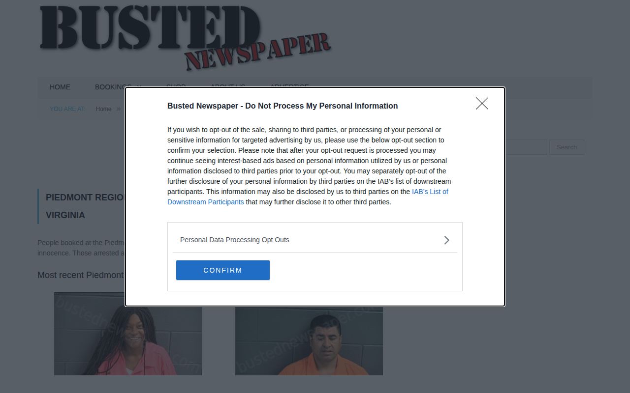 Nottoway County secondary mugshot coverage screen capture of a regional Piedmont Regional Jail page