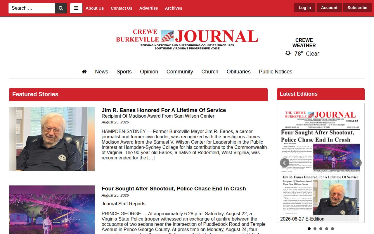 Nottoway County crime news screen capture of Crewe-Burkeville Journal Featured Stories