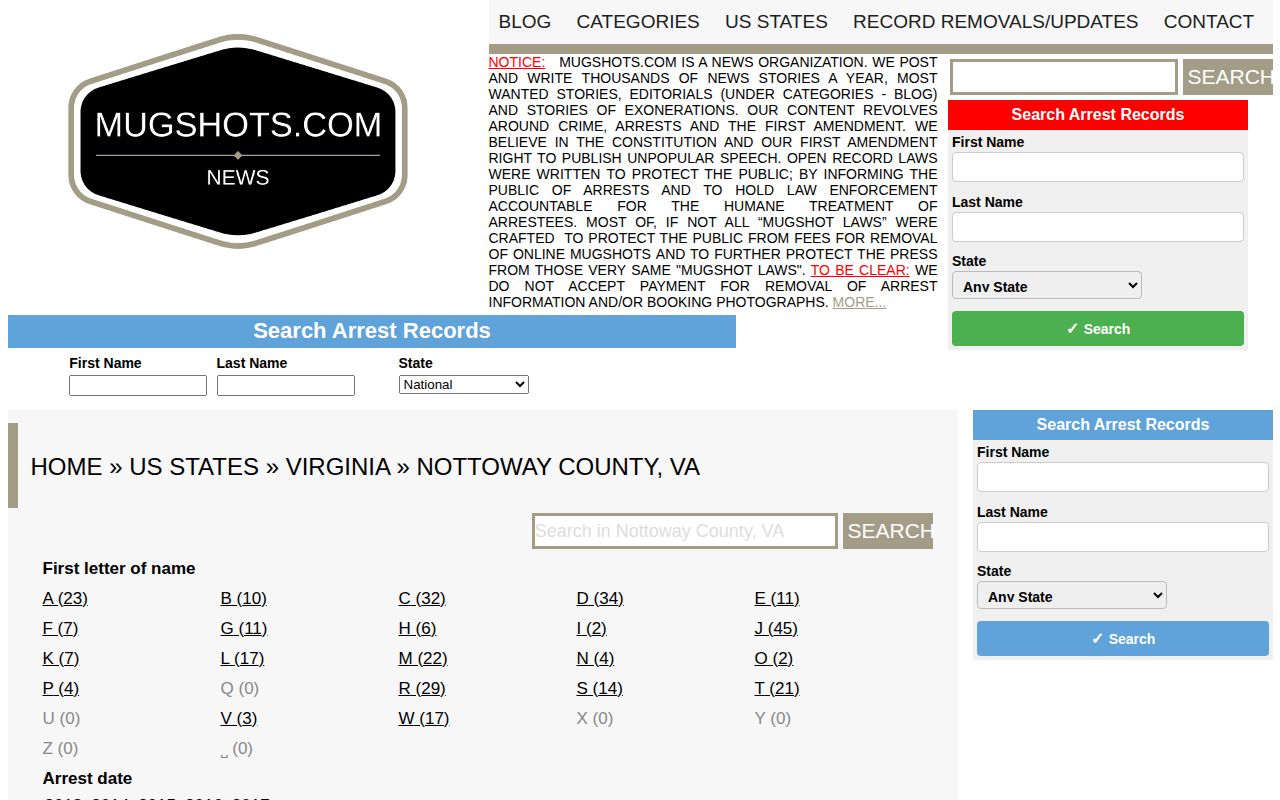 Nottoway County secondary mugshot coverage screen capture of a historical-looking Mugshots.com landing page