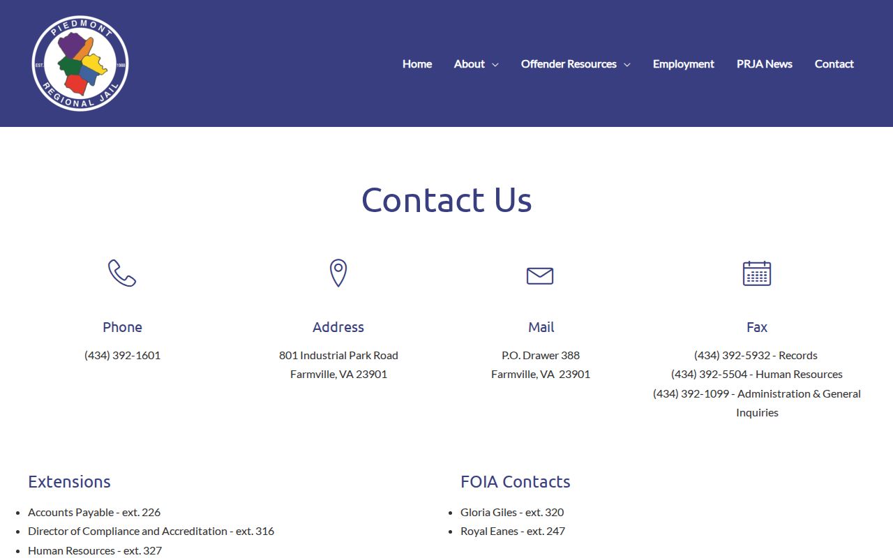 Piedmont Regional Jail Nottoway County booking-record contact route