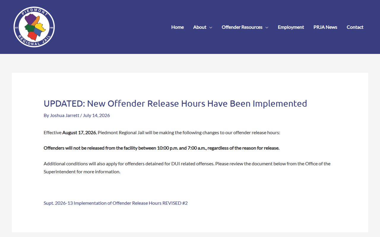 Piedmont Regional Jail Nottoway County release-hours notice