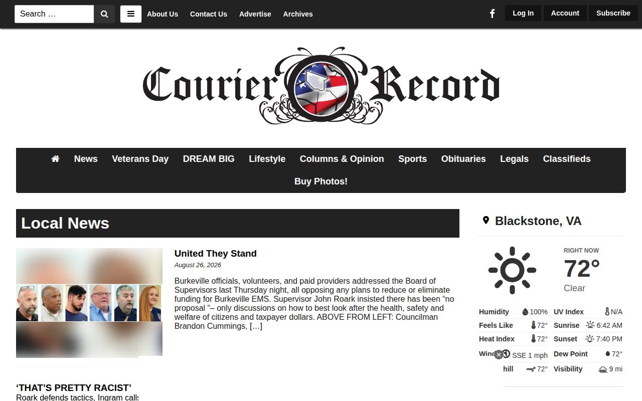 Nottoway County crime news screen capture of The Courier-Record Local News archive