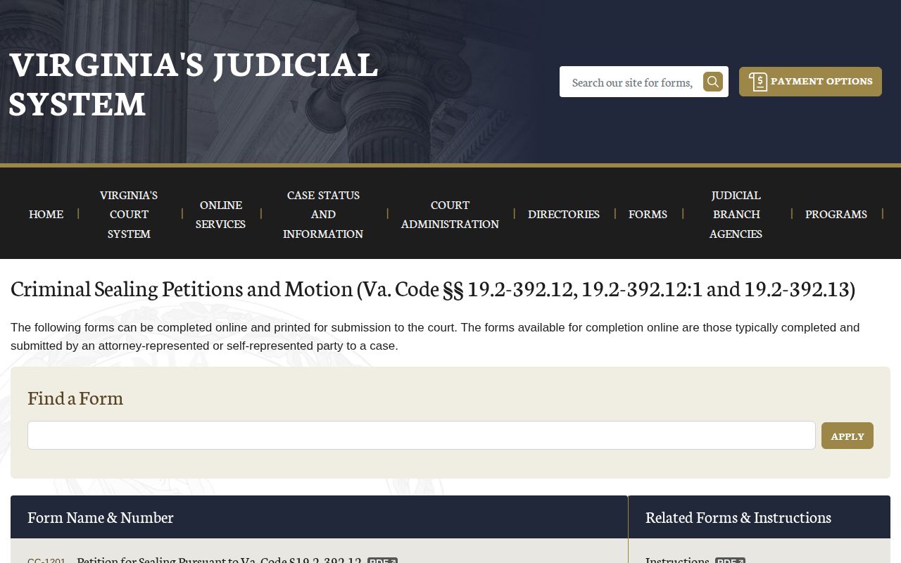 Virginia criminal sealing forms for Nottoway County booking-record corrections