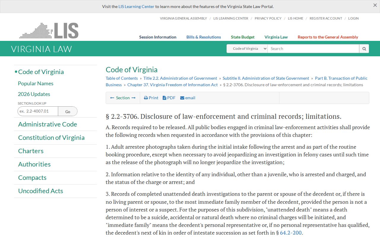 Virginia FOIA adult initial-intake photo law for Nottoway County records